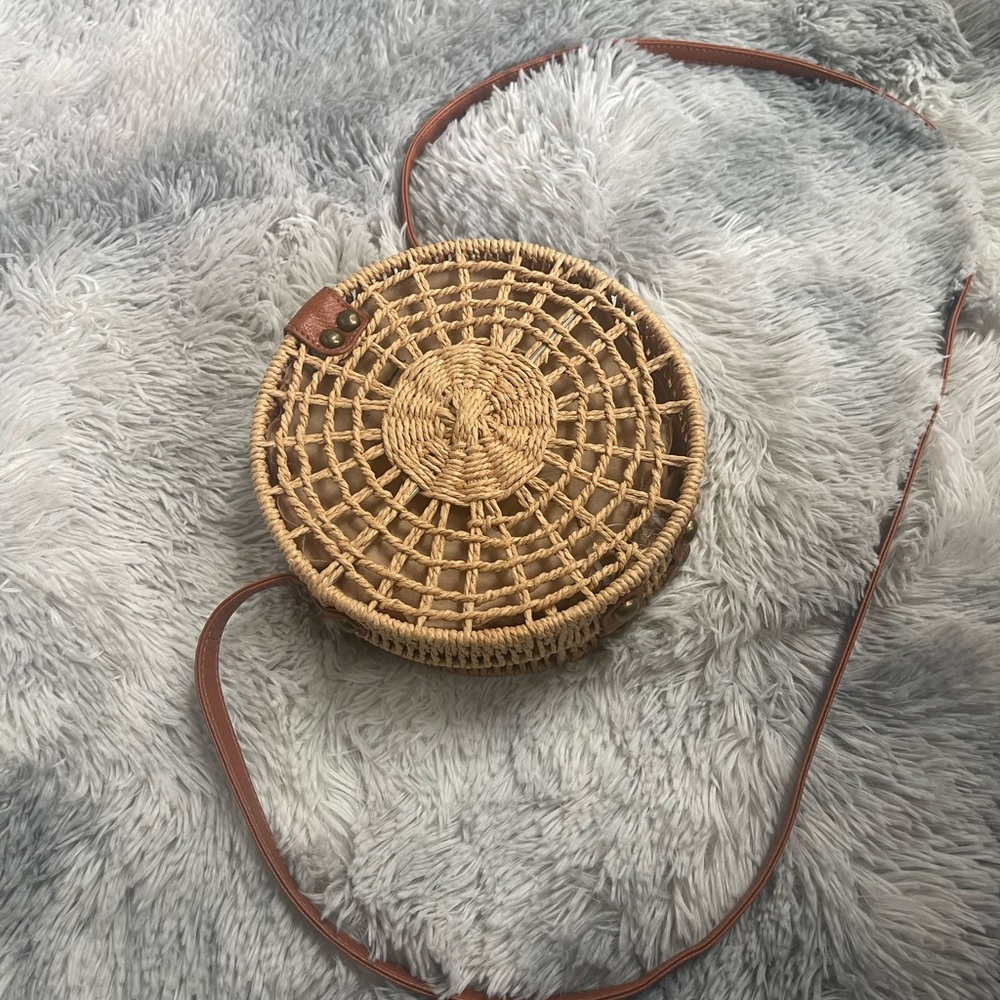 SHEIN Natural Woven Crossbody Bag with Brown Strap